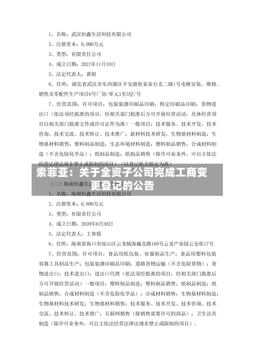 索菲亚:关于全资子公司完成工商变更登记的公告