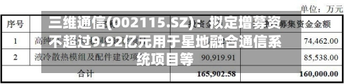 三维通信(002115.SZ)：拟定增募资不超过9.92亿元用于星地融合通信系统项目等
