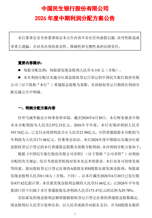民生银行中期利润分配方案:拟每股派发现金股利0.118元