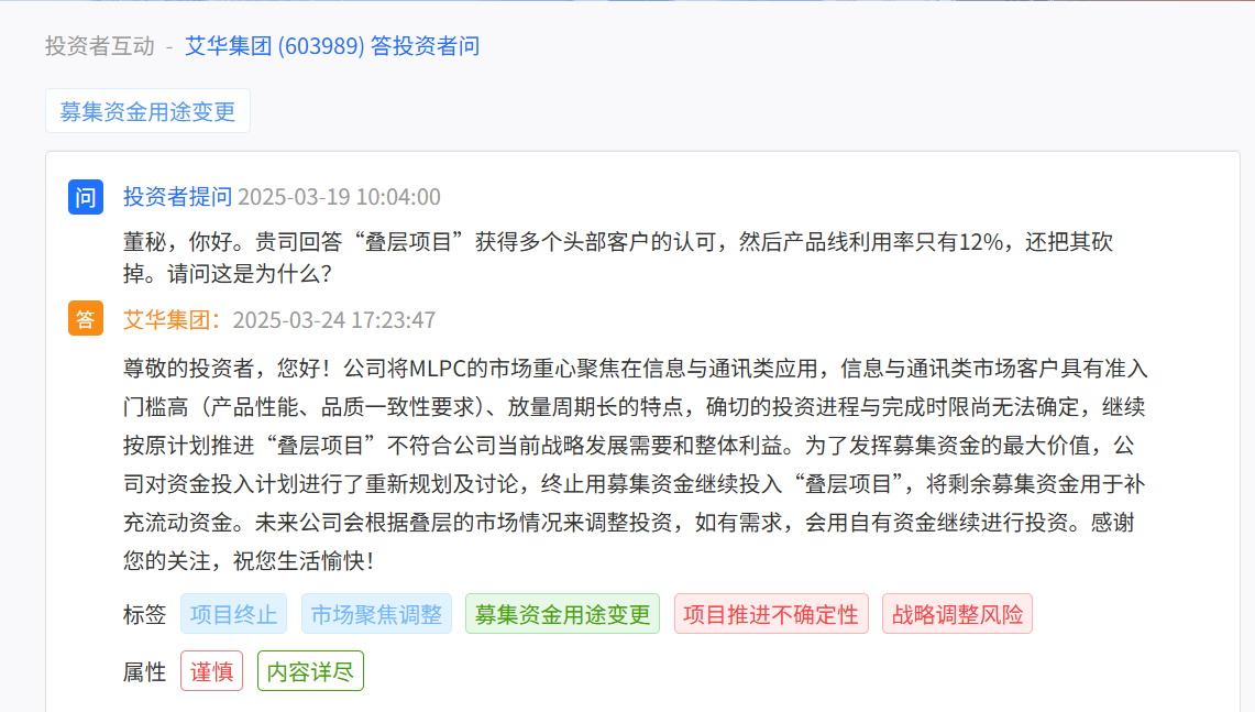 艾华集团18.8亿元定增疑云:前次募投叠层项目投入不足三成被砍